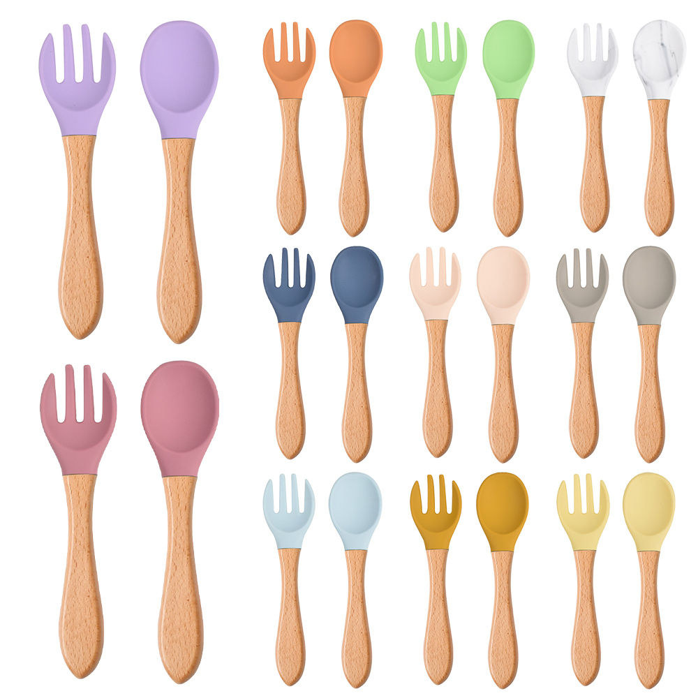 Baby Food Utensils - 2 개/대 나무 손잡이와 아기 실리콘